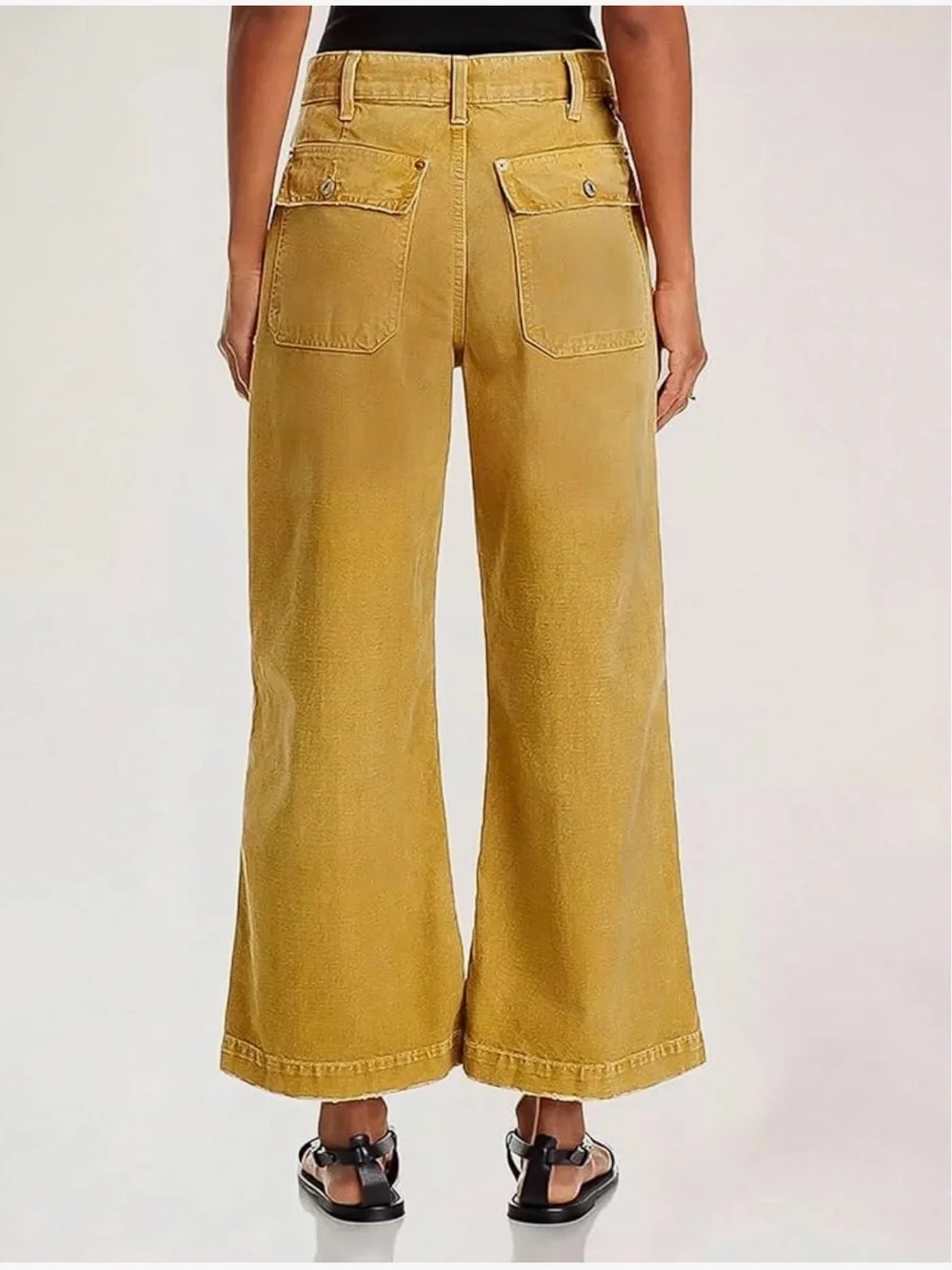 Flamingals Wide Leg Flap Pocket Mid Waist Cropped Pants Yellow